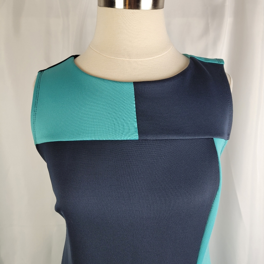 Enfocus Studio Teal Navy Color Block Scuba Stretch Popover Midi Dress Size 8 - Picture 4 of 10